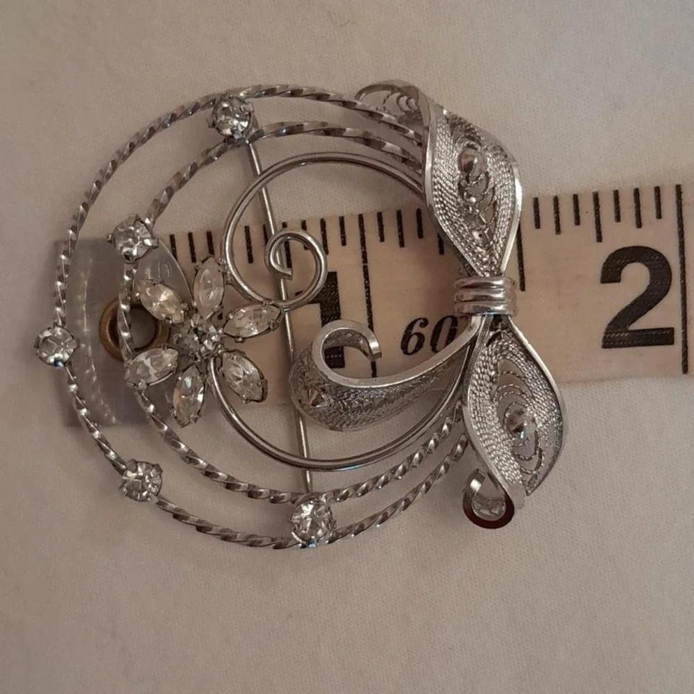 Sterling Silver Filigree Bow Flower Brooch Pin Pendant Rhinestone Accent Elegant
